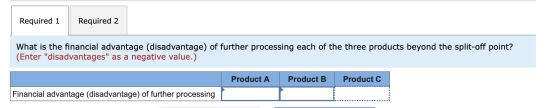 Required 1 Required 2 What is the financial advantage (disadvantage) of further processing each of the three products beyond