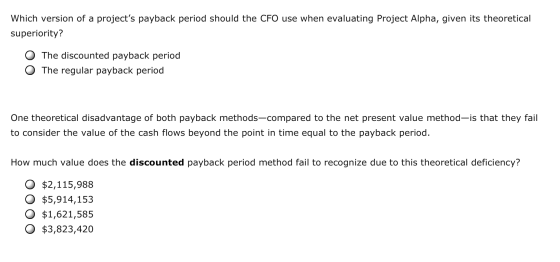 Which version of a projects payback period should the CFO use when evaluating Project Alpha, given its theoretical superiori