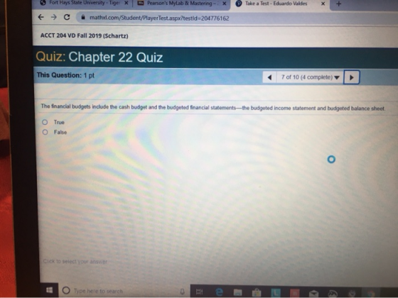 Take a Test - Eduardo Valdes X fort Hays State University Tiger X Pearsons Mylab & Mastering - * → C mathu.com/Student/Playe