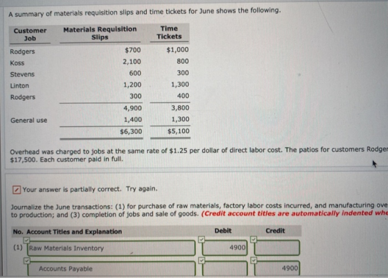 A summary of materials requisition slips and time tickets for June shows the following. Customer Job Materials Requisition Sl