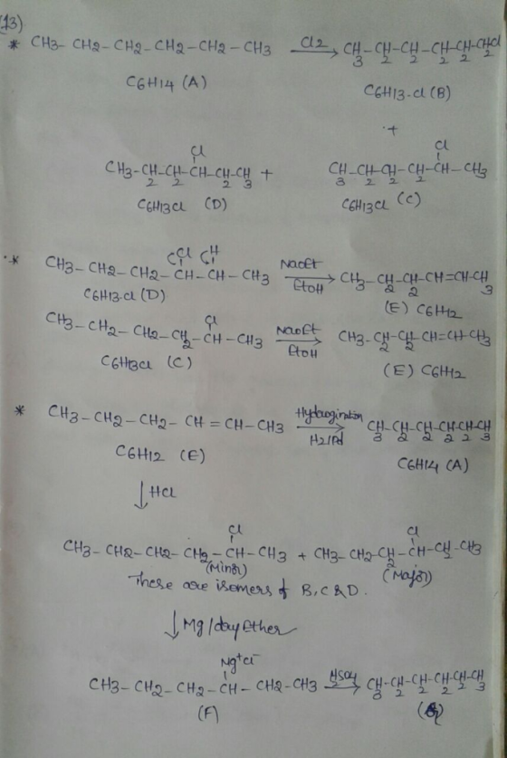 13) C12.· CH-CH-CH-CH-CH- CGHI4 (A) CGH13.cl (B) cl di -CH С6H3CL (D) CGttea (c) (E) CGHHE CH-CH-CH-CH-CH내 C6H12 CE) CEH14 CA) tHcl Mind) cl CH-CH-CH-CH-CH-CH (F