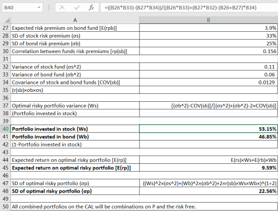 B40 X =((B26*B33)-(B27*B34)>/((B26*B33)+(B27*B32)-(B26+B27)*B34) B А 27 Expected risk premium on bond fund [E(rpb)] 3.9% 28 S