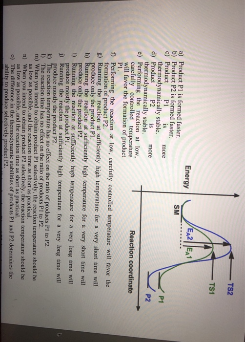 TS2 TS1 EA2 EA1 Energy a) Product P1 is formed faster. b) Product P2 is formed faster. c) Product SM P1 is more P1 thermodyna
