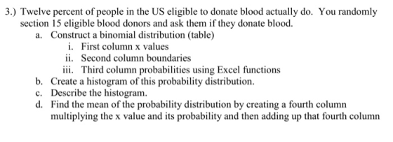 3.) Twelve percent of people in the US eligible to donate blood actually do. You randomly section 15 eligible blood donors an