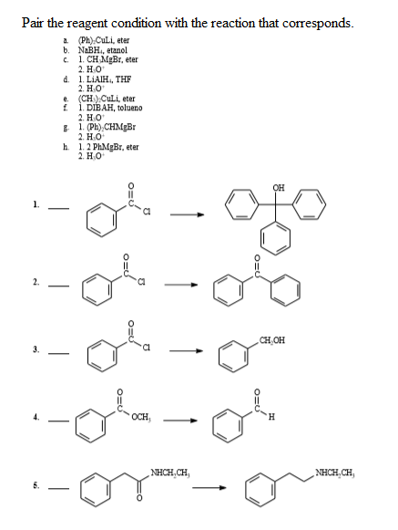 Pair the reagent condition with the reaction that corresponds. a. (Ph),Culi, eter b. NaBH, etanol c. 1. CH MgBreter 2. HO d.