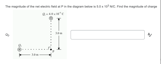 The magnitude of the net electric field at P in the diagram below is 5.0 x 103 N/C. Find the magnitude of charge = 4.0 x 10c