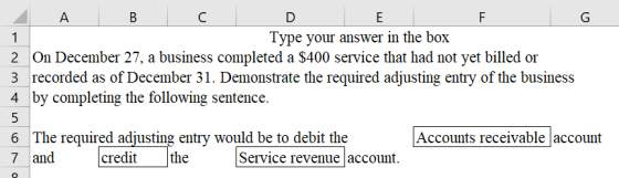1 A B C DE Type your answer in the box 2 On December 27, a business completed a $400 service that had not yet billed or 3 rec