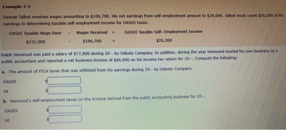 Example 3-5 George Talbot receives wages amounting to $106,700. His net earnings from self-employment amount to $28,600. Talb