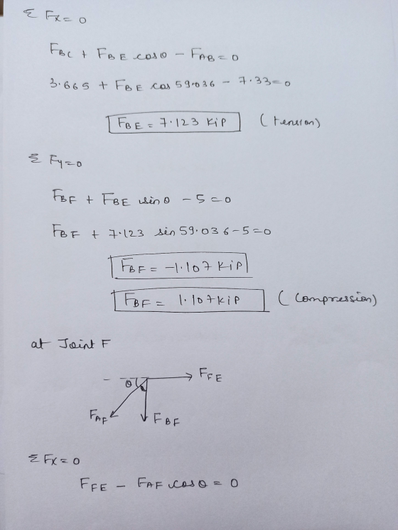 e Ex=0 Foc & FBE caso FAB=0 3.665 + FBE cas 59.036 7.33=0 I FBE = 7.123 kip (tenston) z Fyzo FBF + FBE wino -550 For +7.123 s