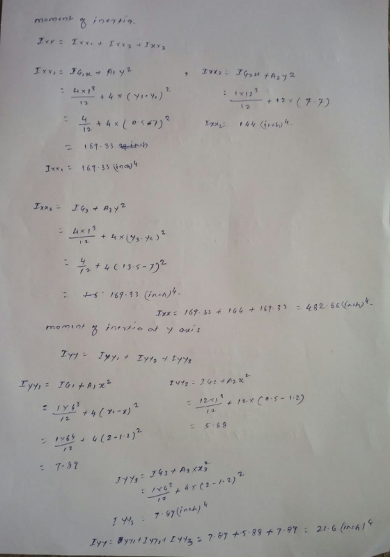 moment g inertia Ixx = I xx.+ I xx za Ixx, IGone & Aly? Taxa I Gore & A272 4X13 - + 4 * (YI.Y.) 12 144 + 12x (77) chh. In - I