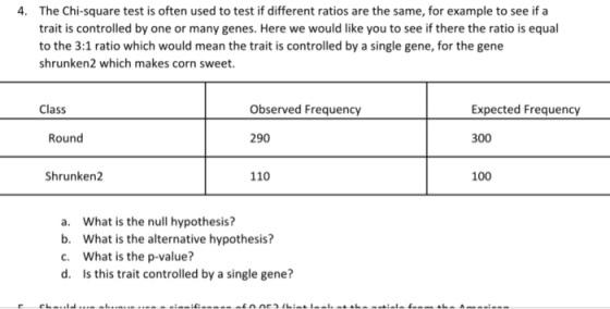 The Chi-square test is often used to test if different ratios are the same, for example to see if a trait is controlled by one or many genes. Here we would like you to see if there the ratio is equal to the 3:1 ratio which would mean the trait is controlled by a single gene, for the gene shrunken2 which makes corn sweet. 4. Class Expected Frequency Round 290 300 Shrunken2 110 100 a. What is the null hypothesis? b. What is the alternative hypothesis? C. What is the p-value? d. Is this trait controlled by a single gene?