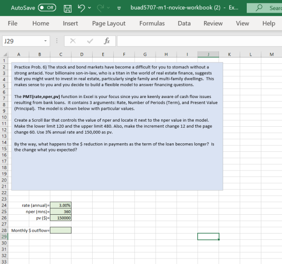 AutoSave Off H File Home e r - buad5707-m 1-novice-workbook (2) - Ex... Page Layout Formulas Data Review View Searc Help Inse