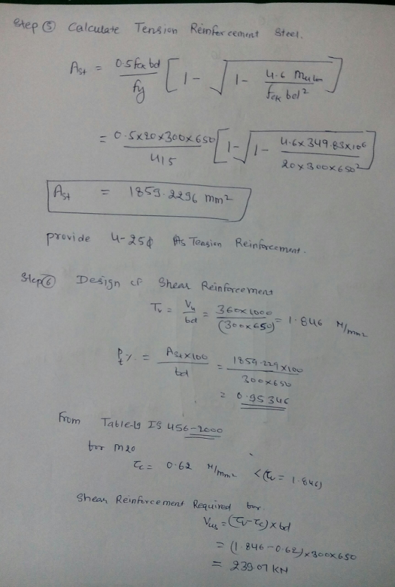 etep⑤ Calculate Tensin Reiner eenmt Steel. k bel 2 MIs As 15 323 mm p rovi de 4-25φ F-s Tensin Reinheement te esisn ce Shear Reinfexsce mens bat om Tatlels Is u s6-1so Shear Reinhrcement Require bly 二239.07 kN