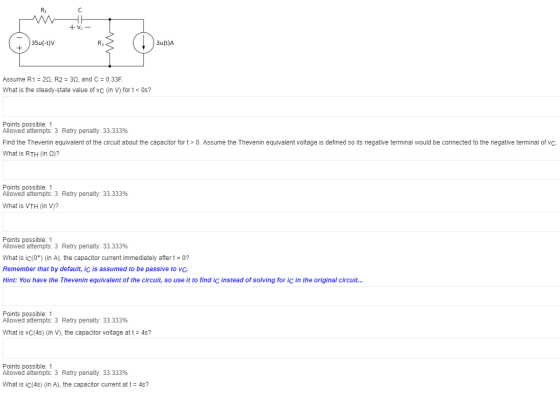 R1 + VC- 35u(-t) 3u(t) Assume R1 = 20, R2 = 30, and C = 0.33F. What is the steady-state value of VC (in V) for t<0s? Points p