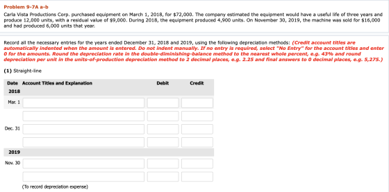 Problem 9-7A a-b Carla Vista Productions Corp. purchased equipment on March 1, 2018, for $72,000. The company estimated the e
