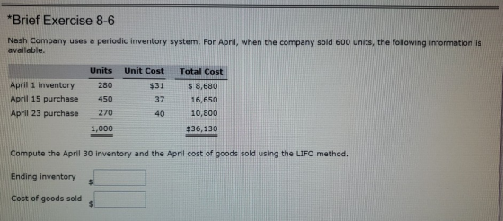 *Brief Exercise 8-6 Nash Company uses a periodic inventory system. For April, when the company sold 600 units, the following