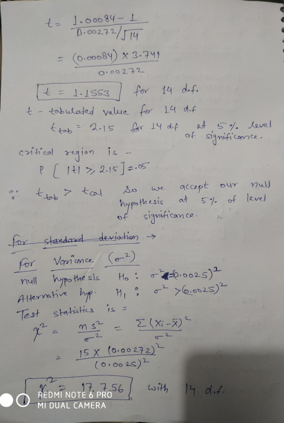 t= 1.00084-1 D.00272/514 = (0.00084) x 3.741 0.00272 [t= 1.1553 ) for 14 defo t-tabulated value for 14 def ttab = 2.15 for 14