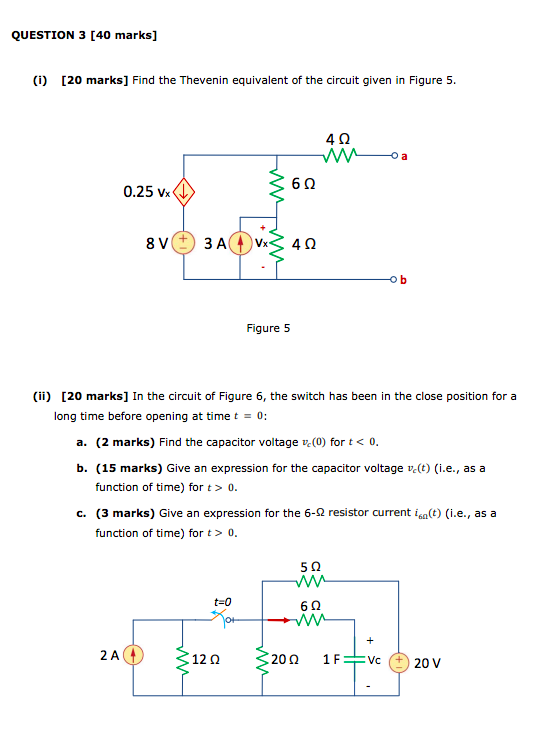 QUESTION 3 [40 marks] (1) [20 marks] Find the Thevenin equivalent of the circuit given in Figure 5. 40 оа 6Ω 0.25 Vx W 8V ЗА