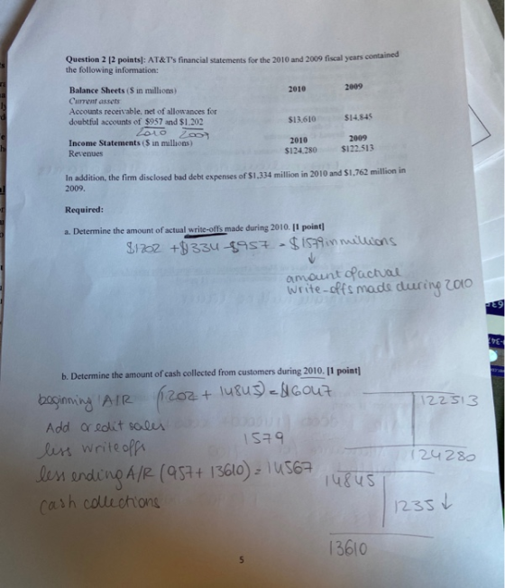 Question 2 12 points]: AT&Ts financial statements for the 2010 and 2009 fiscal years contained the following information: Ba
