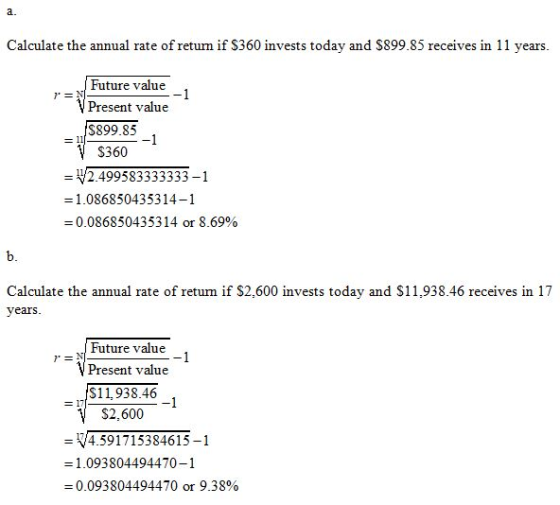 a. Calculate the annual rate of retum if S360 invests today and S899.85 receives in 11 years. Future value Present value _8899.85 S360 2.499583333333-1 -1.086850435314-1 0.086850435314 or 8.69% b. Calculate the annual rate of retum if S2,600 invests today and S11,938.46 receives in 17 vears Future value VPresent value S11,938.46 V S2,600 -V4.591715384615-1 -1.093804494470-1 0.093804494470 or 9.38%