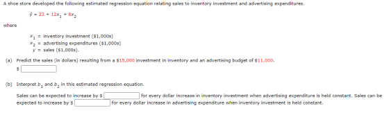 A shoe store developed the following estimated regression equation relating sales to inventory investment and advertising exp