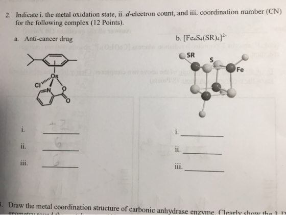 2. Indicate i. the metal oxidation state, ii. d-electron count, and iii. coordination number (CN) for the following complex (