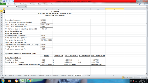 х 95 Process Costing - Microsoft Excel (Product Activation Failed) File Home Insert Page Layout Formulas Data Review View A1