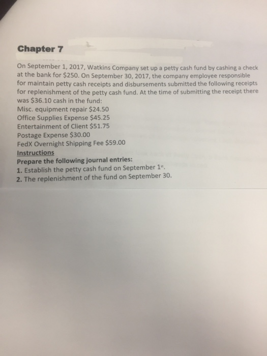 Chapter 7 On September 1, 2017, Watkins Company set up a petty cash fund by cashing a check at the bank for $250. On Septembe