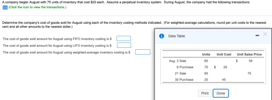 A company began August with 75 units of inventory that cost $20 each. Assume a perpetual inventory system. During August, the
