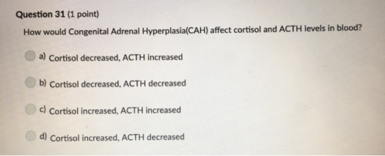 Question 31 (1 point) How would Congenital Adrenal Hyperplasia(CAH) affect cortisol and ACTH levels in blood? a) Cortisol dec