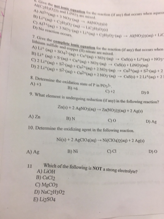 Give the net ionie eauation for the reaction (if any) that occurs when aqueom ACato ad LINOS e ed (w).toN e)cv C) A(aq)+ 3NO