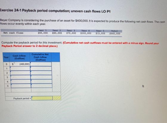 Exercise 24-1 Payback period computation; uneven cash flows LO P1 Beyer Company is considering the purchase of an asset for $