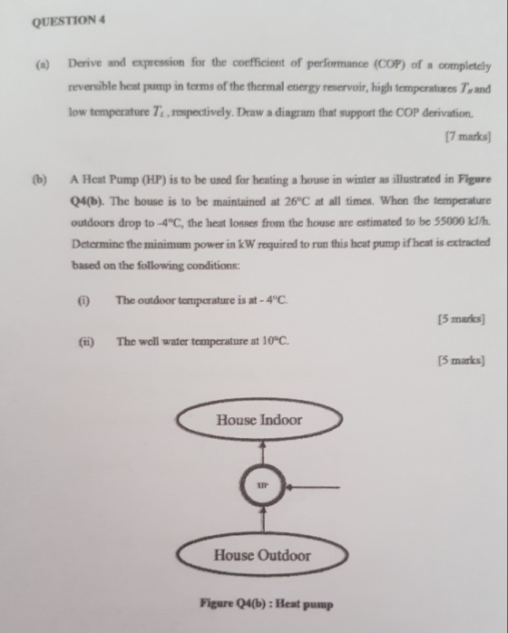 QUESTION 4 (a) Derive and expression for the coefficient of performance (COP) of a completely reversible heat pump in terms o