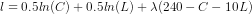 1 = 0.51n(C) +0.51n (L) λ(240-C-10L)