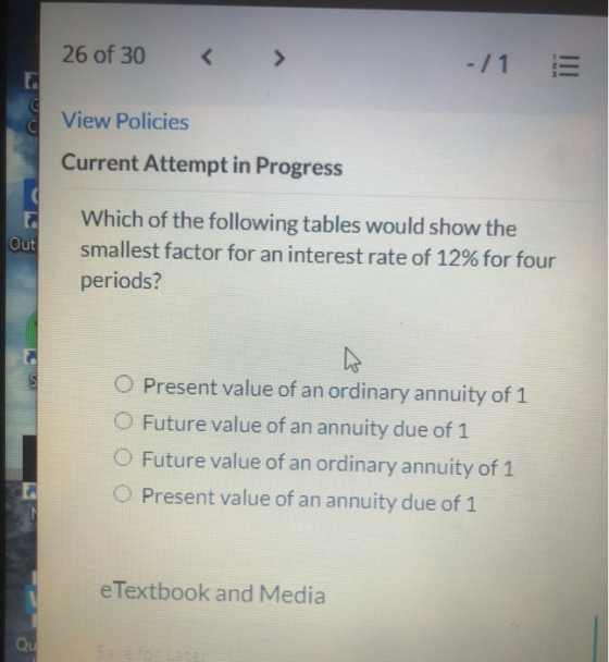 26 of 30 > -/1 C View Policies Current Attempt in Progress Out Which of the following tables would show the smallest factor f