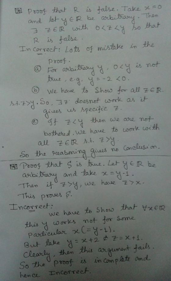 Proof that R is false . Take x do that Ris talse P roof oy is not ⑥ we have to Shots for all ze R. aides us specific bothored we haue to work csrth So the reasming qiaes no Conelusi on asibi we have to Shoro that xeR this 닝.uan JLC._ 님- A )?X.tǐ ParかCLula eath込 asqumant Jails So the proof is in Com plate ond cleart hence LEncorrecA