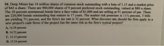 10. Deep Mines has 14 million shares of common stock outstanding with a beta of 1.15 and a market price of $42 a share. There