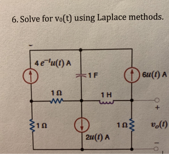 6. Solve for vo(t) using Laplace methods. 4e-fu(t) A 1F (1 610) A 122 1 H - 312 103 0.00 2u(1) A