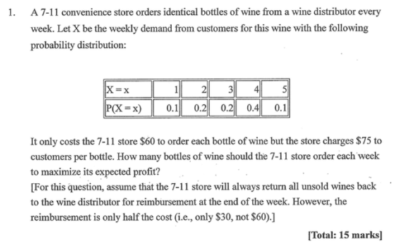 1. A 7-11 convenience store orders identical bottles of wine from a wine distributor every week. Let X be the weekly demand f