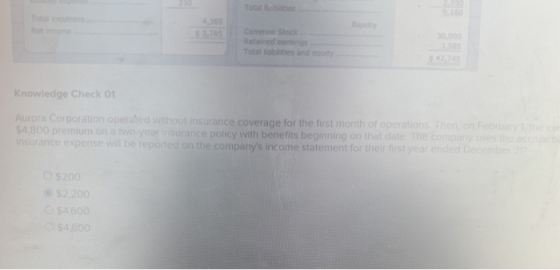 Knowledge Check 01 Aurora Corporation operated without insurance coverage for the first month of operations. Then onbrynen 54