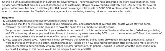 Charlies Furniture Store has been in business for several years. The firms owners have described the store as a high-price