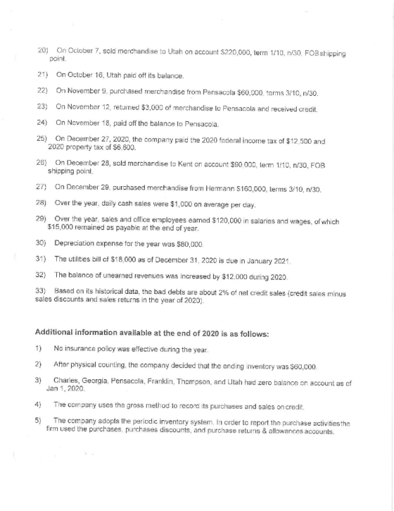 20) On October 7, sold merchandise to Utah on account S220,000, term 1/10, n/30, FOB shipping point 21) On October 16, Utah p