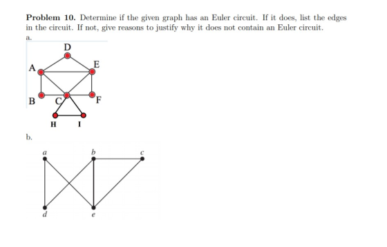 Problem 10. Determine if the given graph has an Euler circuit. If it does, list the edges in the circuit. If not, give reason