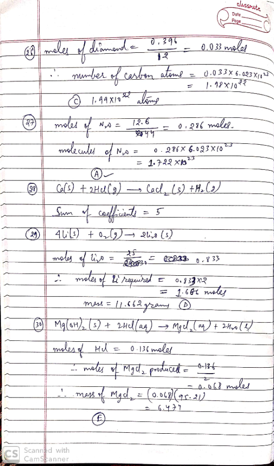 classmate Date Page a moles of diamond = 0.396 = 0.033 moles e number of carbon atoms = 0.033 X 6. 293x10 @ 1,99X10t alone mo