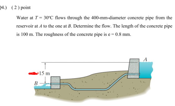 24.) (2) point Water at T = 30°C flows through the 400-mm-diameter concrete pipe from the reservoir at A to the one at B. Det
