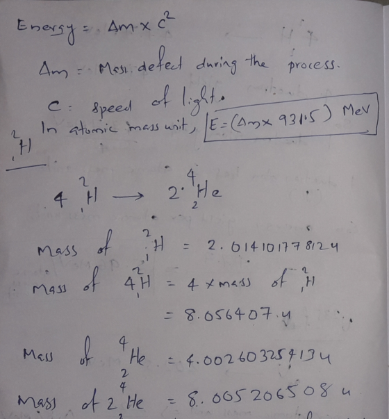 Am--Masi defect during the process. e speed of lights In atomic mass unit, E= (Amx 9315) Mev) H 1 mass of ?H = 2.014101778124