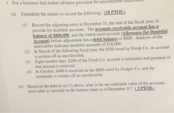 1. For a business that makes advance provision for uncollectible Reuellt (a) Journalize the entries to record the following: (18 PTOS.) Record the adjusting entry at December 31, the end of the fiscal year, to provide for doubtful accounts. The accounts receivable account has a balance of $800,000, and the contra asset account (Allowance for Doubtful Account) before adjustment has a debit balance of $600. Analysis of the receivables indicates doubtful accounts of $18,000. In March of the following fiscal year, the $350 owed by Fronk Co. on account is written off as uncollectible Eight months later, $200 of the Fronk Co. account is reinstated and payment of that amount is received In October, $400 is received on the $600 owed by Dodger Co. and the remainder is written off as uncollectible. (1) (2) (3) (4) Based on the data in (a) (I) above, what is the net realizable value of the accounts receivable as reported on the balance sheet as of December 31? (3 PTOS.) (b)