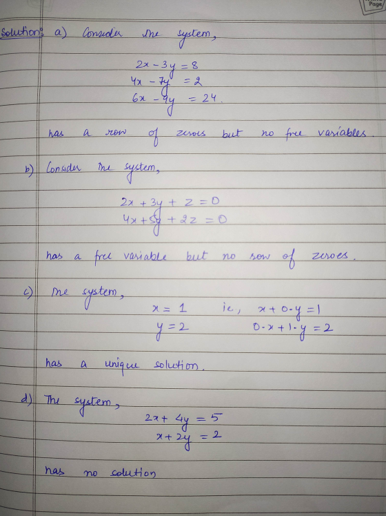 Page solution a Consider the system, 22. 3 4x - 74 - 2 22 - 3y = 8 - Fy -ay 60 = 24 has a row Zerols be but no free variables