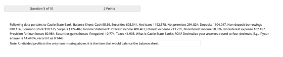 Question 3 of 10 2 Points Following data pertains to Castle State Bank. Balance Sheet: Cash 95.36, Securities 605.341, Net lo