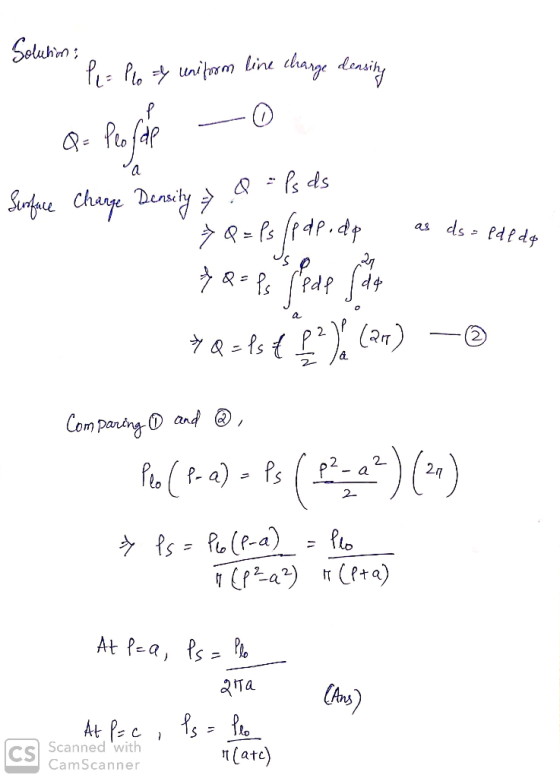 Solutions e. Plooy Por lo = uniform line charge density Q- Per pole —O. va Surface Charge Density > 8 = Ps ds * Q = Ps 1p d